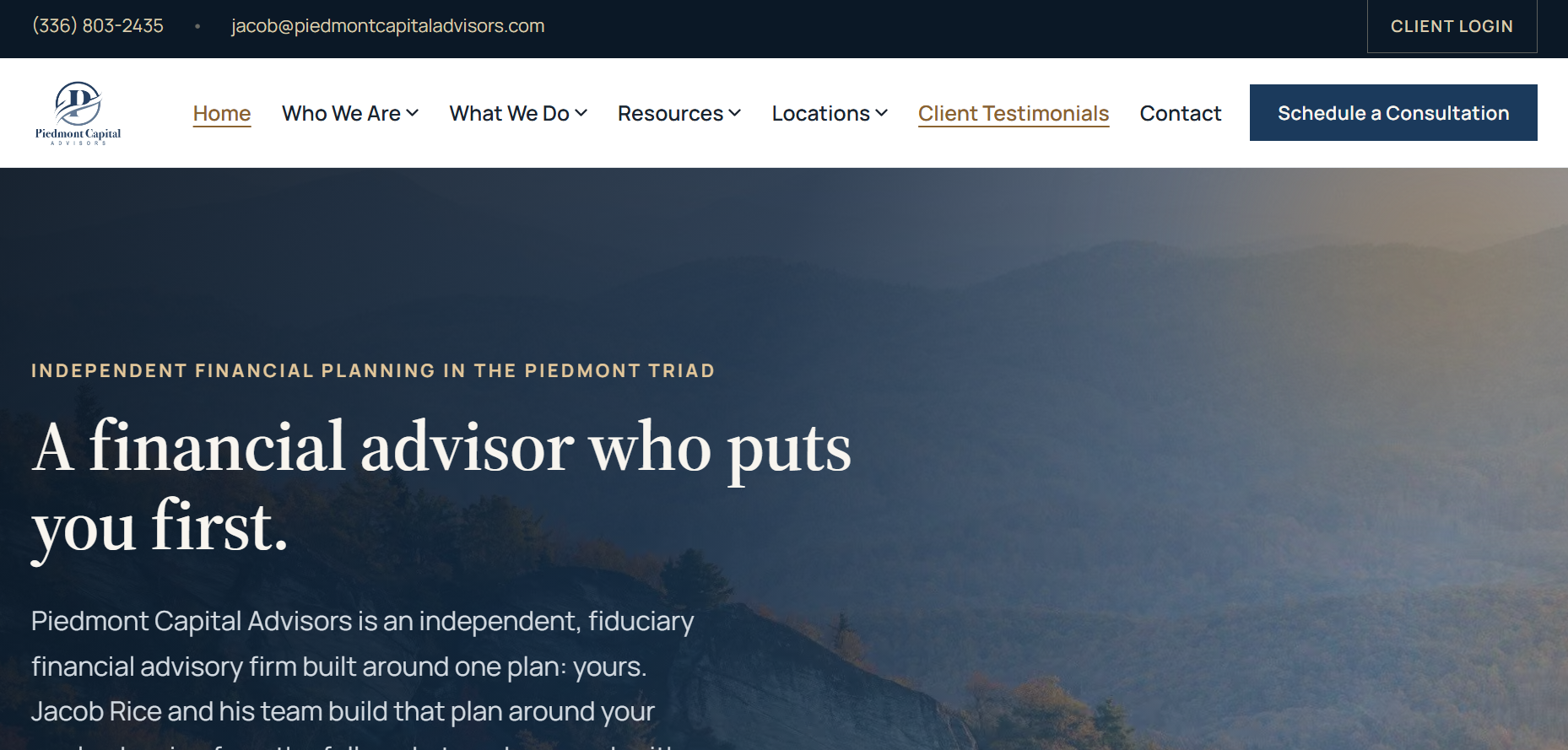 Screenshot of the Piedmont Capital Advisors website homepage